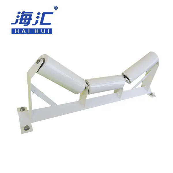Carry trough impact training idler set for belt conveyor use